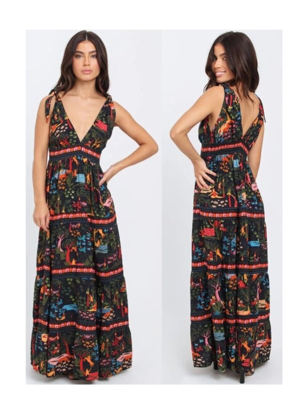 Farm Rio Animal Utopia Printed Cotton Poplin Maxi Dress / Medium / V-Neck Brazil